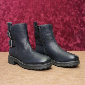 Lucky Brand Women Black Leather Festival Moto Buckle Zip Ankle Boots sz 9